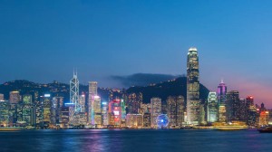 Victoria Harbor in Hong Kong at dusk